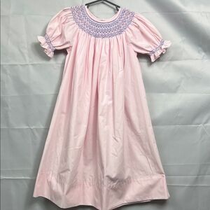 Kelly’s Kids Pink with blue embroidery smocked bishop puff sleeve dress